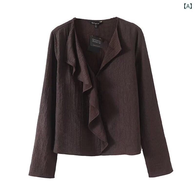 レディース シャツ トップス Vネック 長袖 フリル ラッフル 袖 ヨーロッパ風 ストリート ファッション ゆったり シルエット 混紡 ポリエステル 素材 単色 ソリッド ブラウン 春 復古 ブラウン 色 セットアップなし 街頭 潮人 スタイル 普通 丈