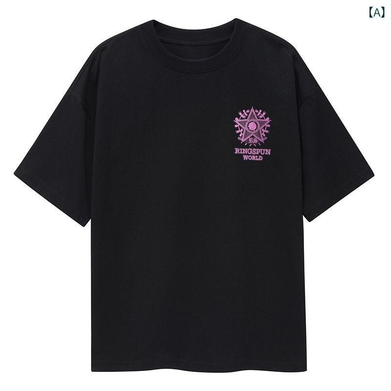 メンズ Tシャツ 半袖 短袖 夏 黒 透気 ポリエステル 綿 混紡 刺繍 刺繍柄 ワイド ルーズ フィット ラウンドネック プルオーバー カジュアル ストリート ファッション グラフィック プリント コットン 素材 速乾 ドライ コンフォート ベーシック