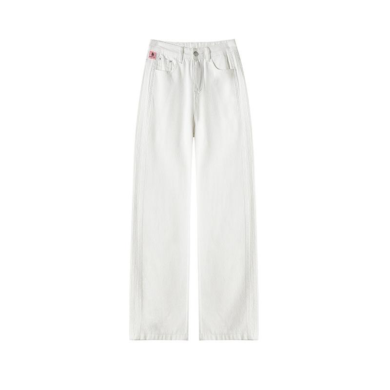 レディース デニムパンツ ワイドレッグ ストレート ハイウエスト 綿 白 春夏 薄手 スリム デザイン 気質 通勤 風 切り替え 做旧
