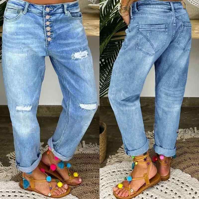 レディース デニムパンツ ブルー 破れ デザイン 直筒 ワイドレッグ ミッドライズ コットン ポリエステル 混紡 素材 長丈 ゆったり シルエット ストリート スタイル 欧米風 トレンド 快適 日常使い 汎用 ボディタイプ 対応 無弾性 ノンストレッチ