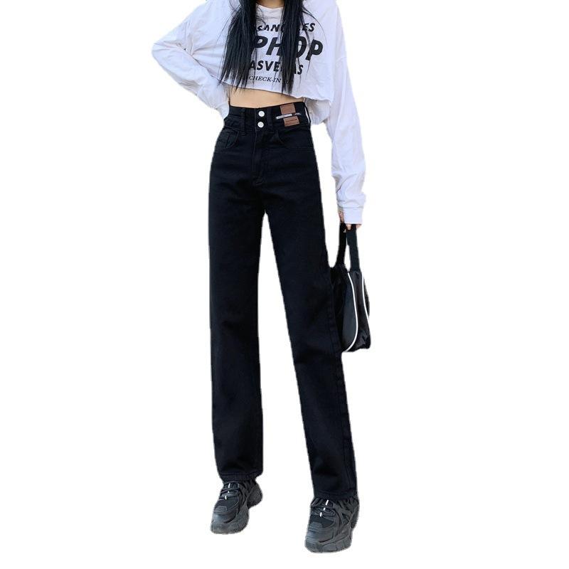 レディース デニムパンツ 高腰 ワイドレッグ ストレート ロング 黒 ライトブルー ヴィンテージブルー コットン ポリエステル ミックス 中厚手 ボタン 切り替え 無弾性 ゆったり 通勤 気質 快適 日常使い 気軽 スタイル シルエット 強調 低身長 対