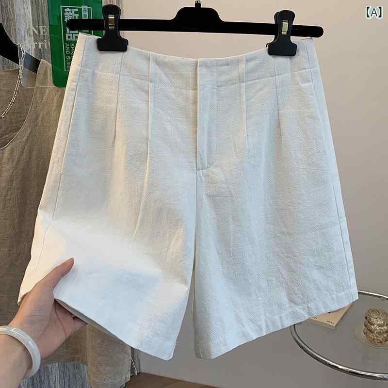 レディース 半ズボン 復古風 無地 コットン リネン スーツパンツ 2025 夏 薄手 高腰 Aライン 膝丈 ワイドレッグパンツ ポケット ミックス素材 微弾性 快適 ゆったり シルエット カジュアル 日常使い 通勤 通学 軽量 涼しい ベーシック スタ