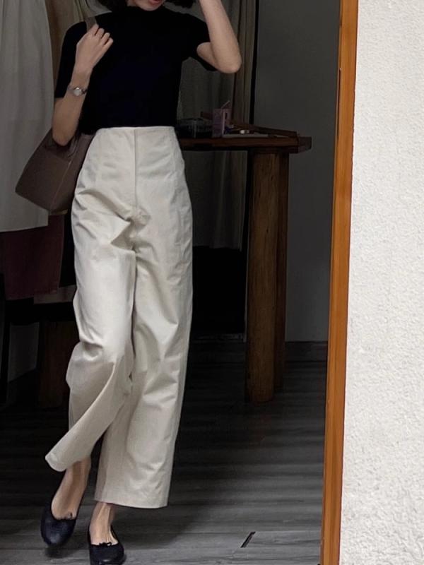 レディース ワイドパンツ 夏 白 香? 直筒型 九分丈 高腰 薄手 綿 ポリエステル 混紡 微弾力 切り替え デザイン 日系 復古 スタイル 垂感 素材 軽やか シルエット 快適 フィット 普段使い 通勤 コーデ アイテム カジュアル ファッション