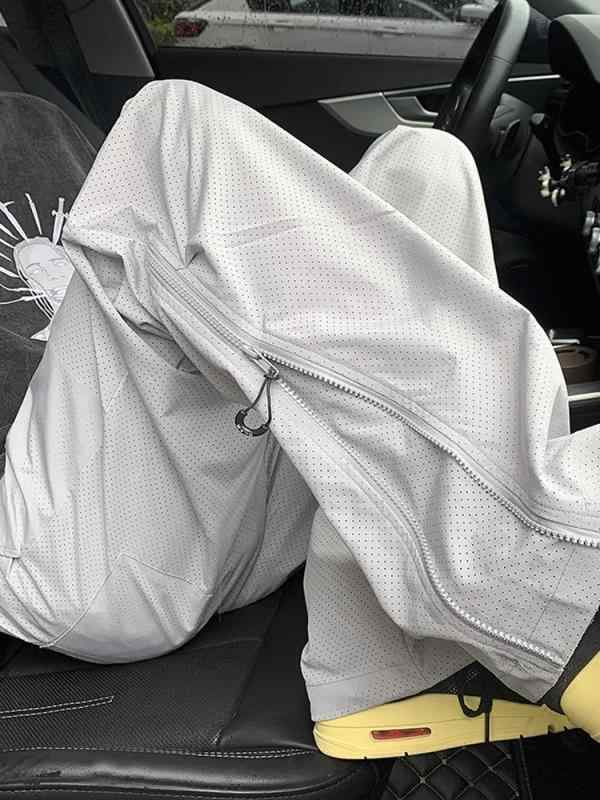 メンズ ロングパンツ グレー 黒 速乾 接触冷感 軟質 防水 防風 ワイドシルエット ミッドライズ ベルト付き ドローストリング ロング丈 ストレートレッグ ミッドウェイト 無地 ポリエステル混紡 弾性 ストレッチ素材 イージーケア ステッチディテール
