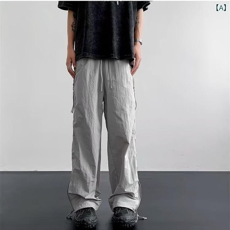 メンズ 工装パンツ 夏用 薄手 降落?兵風 休?パンツ ハイストリート 潮流 透気性 機能性 コットン混紡 ポリエステル 高耐久 免?加工 多ポケット ストレートレッグ ミッドライズ ベルト付き ドローストリング ルーズフィット グレー ブラック キャン