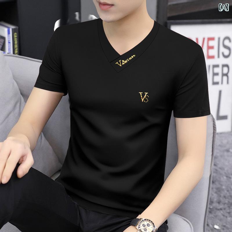 メンズ Tシャツ Vネック 短袖 修身 トップス モダール アイスシルク 接触冷感 速乾 透気 吸湿排汗 薄手 合体型 印花 文字柄 セットアップ 日常 カジュアル 黒 白 霧霧藍 杏色 春夏 青年 メンズ 服 軽量 伸縮性 再生繊維 ピンク系 グレー