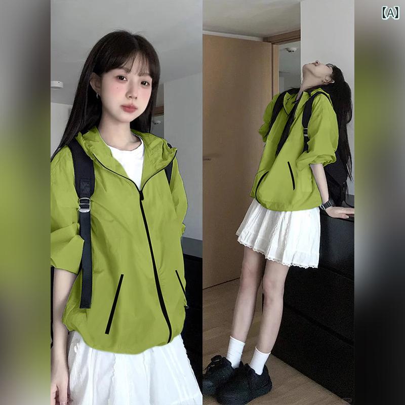 レディース 防風 UVカット ジャケット 薄手 軽量 登山 ハイキング アウトドア コットン ポリエステル 果緑 米白 紫 グレー 長袖 ポロ ジップ ポケット ゆったり 夏 春夏 私服 女性用 通勤 普段使い 軽快 爽やか 伸縮性 速乾 ラフスタイル