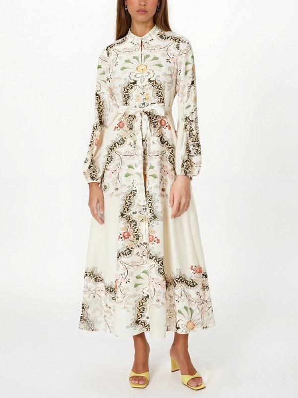 ワンピース レディース ロング丈 長袖 スタンドカラー マキシ丈 フレア クラシック ヴィンテージ風 レトロ 花柄 リボン ウエストマーク レトロ ガーリー 大人かわいい オールシーズン|リメイクバディー