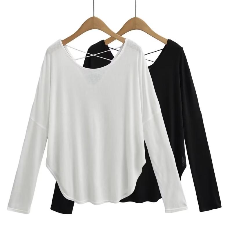 Tシャツ レディース 長袖 ルーズフィット スリム インナー トップス 後ろ透け 防晒 UVカット 街頭スタイル ゆったり レイヤード 黒 白 グレー 緑 青 ポリエステル 無地 丸首 中長丈 2025 夏 セットアップなし