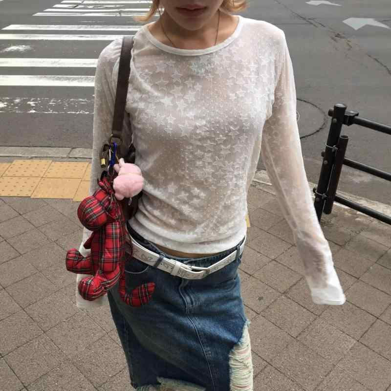 Tシャツ レディース 春夏 透け感 星柄 レース 星 網ヤーン 長袖 インナー 白 黒 気質 通勤風 直筒型 普通丈 丸首 刺繍 ニット 90% セットアップ かわいい トップス 綿 デニム 軽量 伸縮性 高級感 Vネック ビッグシルエット ピンク系 ア