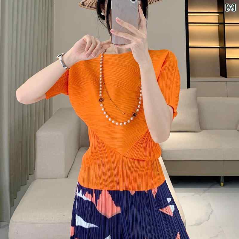 Tシャツ 女性用 短袖 収腰 シワ加工 不規則 プリーツ ワンショルダー トップス 通勤 気質 シンプル 百搭 純色 ポリエステル 柔軟 日常使い オレンジ ブルー パープル 黒 ミントグリーン 夏