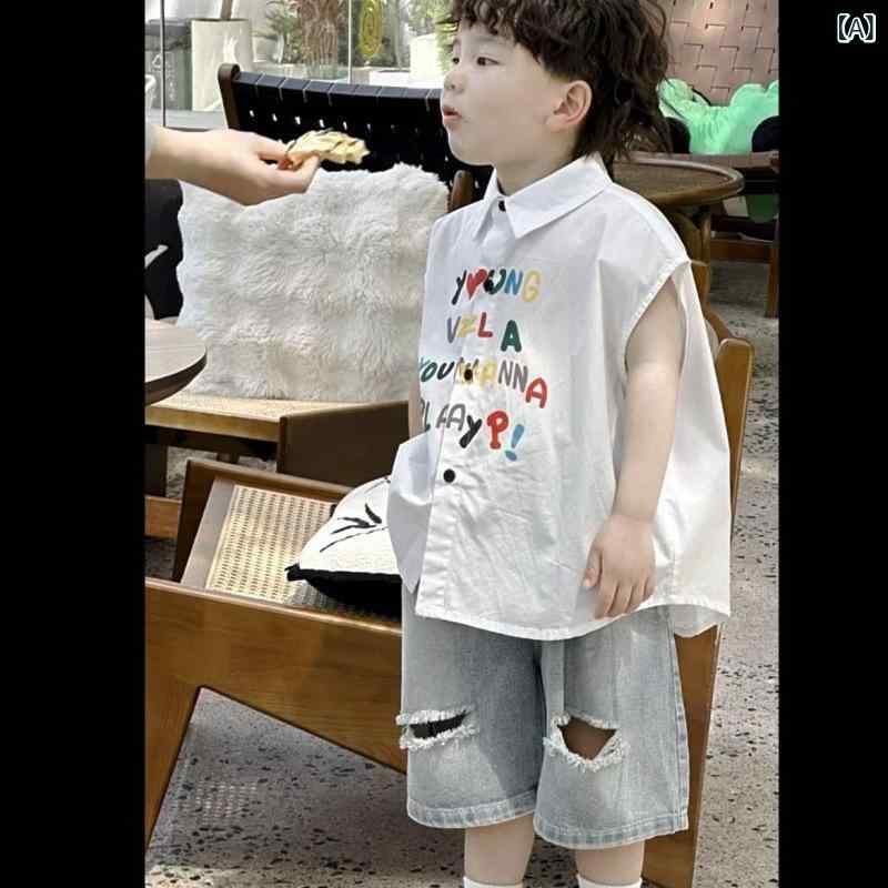 男の子 シャツ 短袖 トップス 牛仔 ショートパンツ セット 夏服 薄手 綿混紡 インナー プリント デザイン 100%コットン 風合い 軽量 涼しい 日常使い 遊び着 カジュアル スタイル