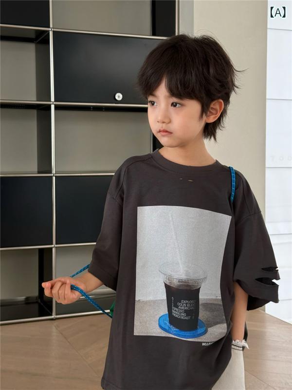 T シャツ 男の子 女の子 短袖 純棉 柔軟 吸湿速乾 丸首 韓風 数字 破れ デザイン 抽象 柄 カートゥーン 柄 アルファベット 柄 本白 花灰 深灰 カラーバリエーション 春夏 季節 3 8 歳 中小児 100 140cm 身長対応 軽量 通気性
