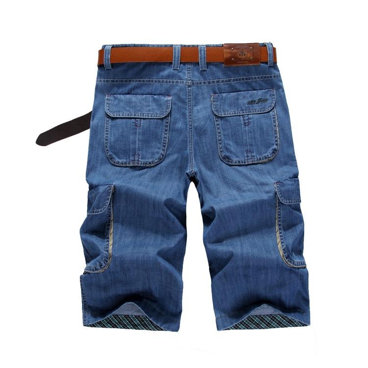 メンズ 七分パンツ 直筒 ワイド 薄手 デニム 夏用 工装風 多ポケット 綿混紡 ミディアムウエスト ジッパー ミッドライズ 微弾性 深藍 藍 ゆったり 大きいサイズ 軽量 洗い加工 ストリート カジュアル 普段使い アウトドア ポケット多め 膝下丈 テ