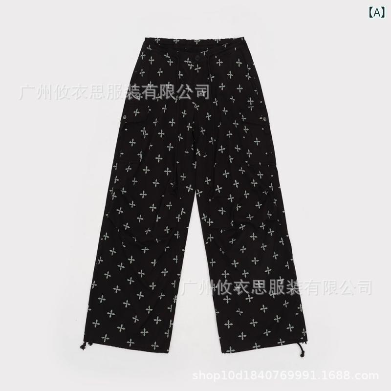 レディース ワイドパンツ 綿 素材 直筒 デザイン 黒 色 切り替え プリント タイ 付き 街頭風 ストリート スタイル 普段使い カジュアル 2025 夏|リメイクバディー