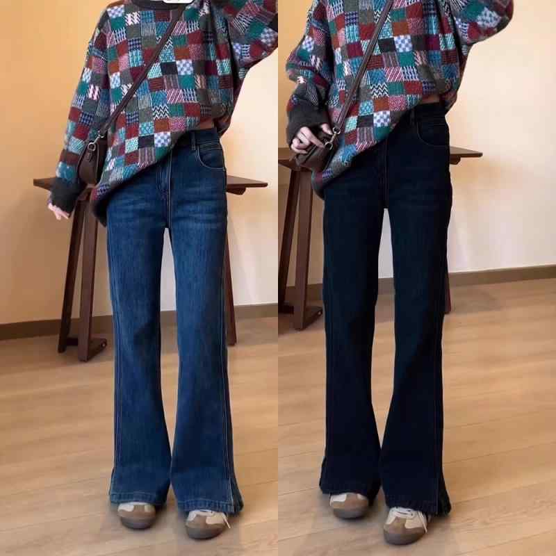 レディース デニムパンツ 微喇 ハイウエスト 長丈 開き コットン ストレッチ ブルー 黒 春夏 夏 かわいい スリム 脚長 足首丈 ラッパ 普段使い 通勤 軽量 快適 砂洗い加工