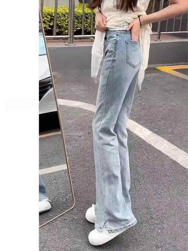 レディース デニムパンツ 浅青 微喇 ハイウエスト 長丈 切り替え ポケット 伸縮性 綿混 ポリエステル 春季 梨形身材 スリム ゆったり シルエット 膝下フレア 日常使い 通勤 シンプル 軽量 薄手