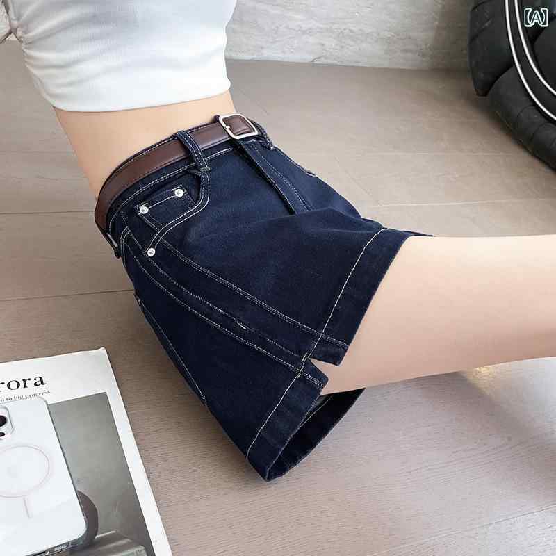 デニム ショートパンツ レディース 女性用 牛仔 短パン 熱パン ワイド ルーズ ストレート ハイウエスト 夏 開き スリット スリム 細見え 百搭 ベーシック ミディアム丈 三分丈 コットン ポリエステル 混紡 伸縮 中弾力 洗い加工 色落ち加工 ボタ