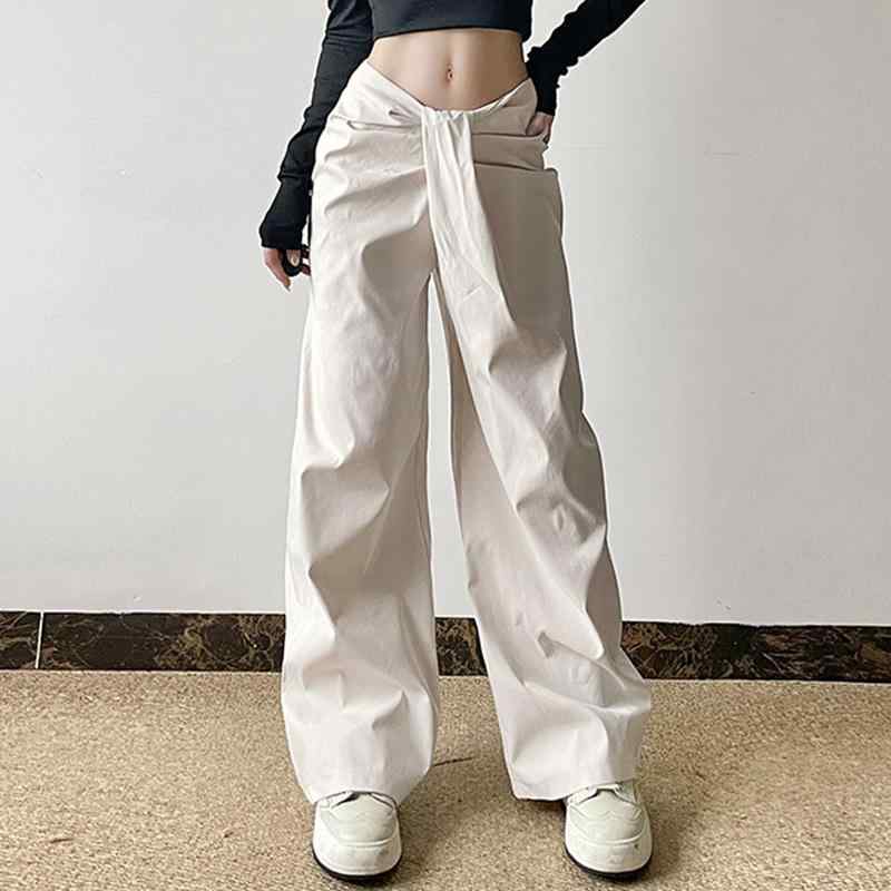 レディース ワイドパンツ クロスデザイン 低腰 褶 微弾力 ポリエステル コットン 素材 直筒 ロング丈 夏 街頭スタイル 個性派 垂感 ゆったり スリム 効果 かわいい 少女風 日常使い 軽量 白色 黒