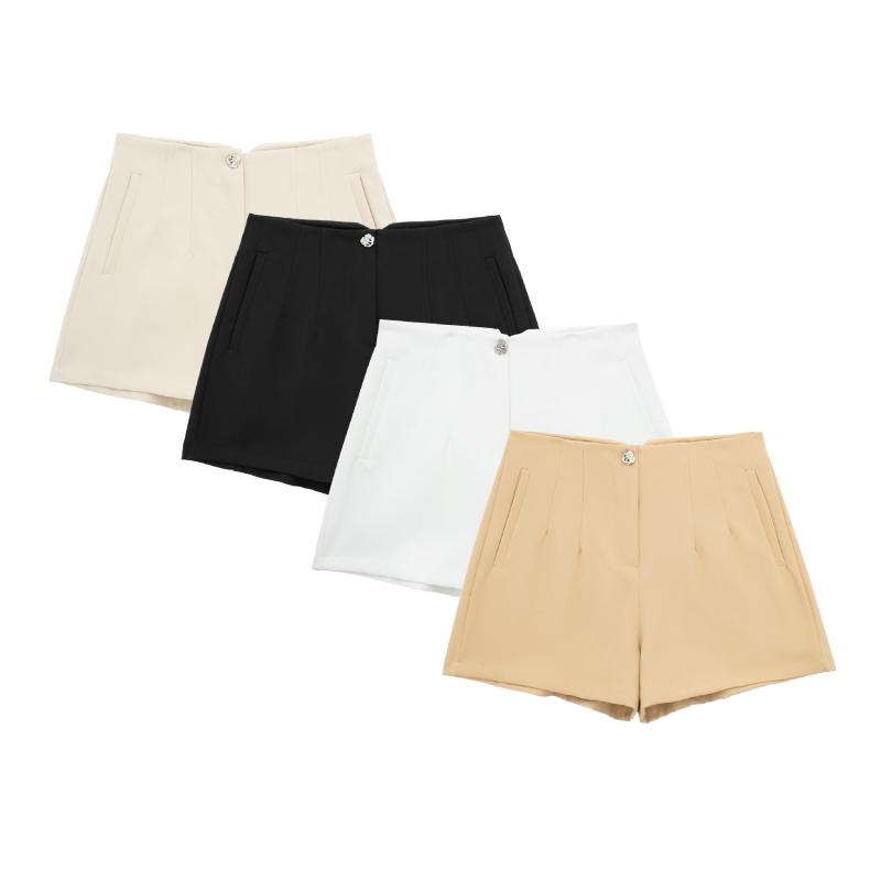 レディース ショートパンツ 高腰 直筒 プリーツ 薄手 ポケット 切り替え ポリエステル 無弾性 白色 黒 ベージュ 春夏 街頭 潮 個性 カジュアル 普段使い 軽量 シンプル 百搭 クロスボーダー ファッション 日常
