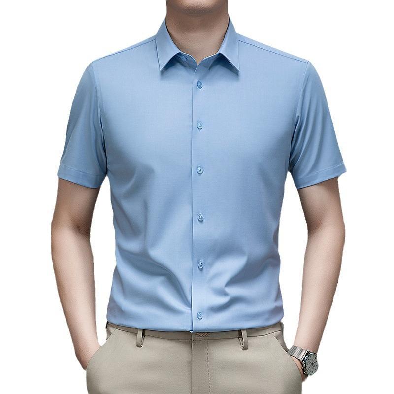 メンズ 短袖 シャツ 無痕 桑蚕絲 モダール混紡 透気 抗菌 免? 吸湿排汗 軽熟 休? 合体型 翻領 薄款 純色 印花 中年 夏季 灰緑 浅藍 白色 日常 ビジネス トップス 男性用 涼しい 機能性 紡績 コットン混 ネックライン スリムフィット 爽や