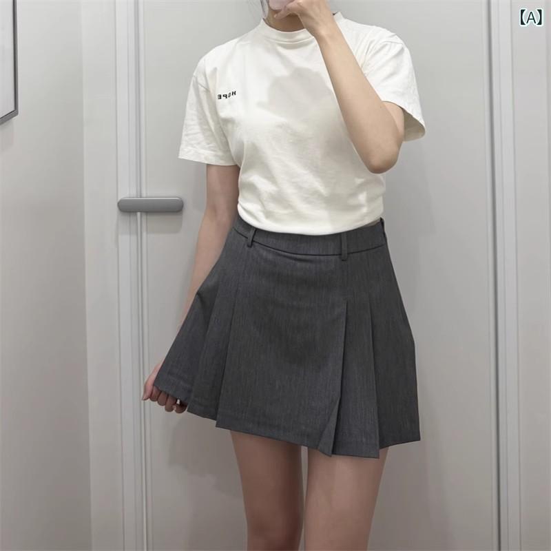 レディース スカートパンツ ミニスカ 短パン プリーツ 直筒 自然腰 薄手 ポケット ポリアエステル ストレッチ 中性 日韓 カジュアル 黒 グレー オリーブ 通勤 普段使い 軽量 伸縮性 2025 夏