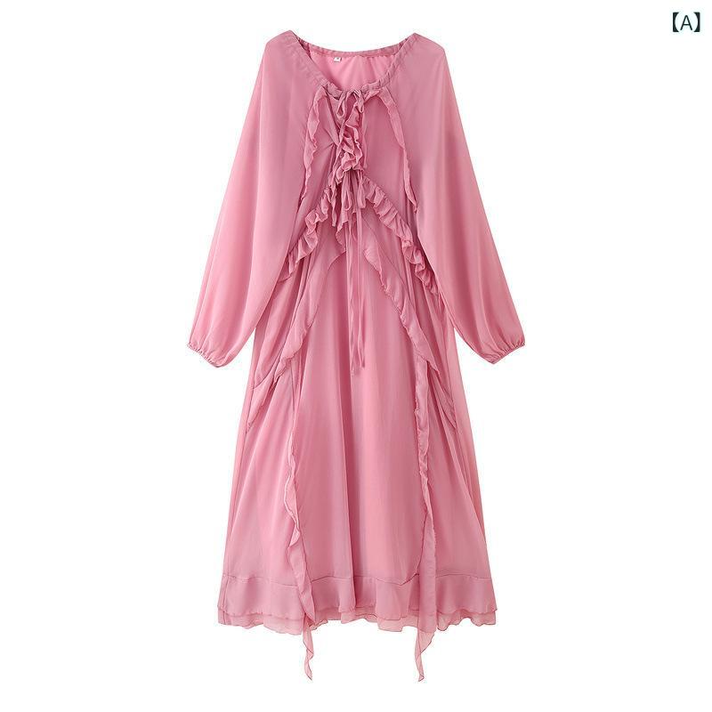 ワンピース レディース ピンク Vネック 長袖 ロングドレス ハイウエスト ゆったりシルエット 切り替え デザイン 直筒 スカート 不規則 裾 気質 通勤 スタイル 優雅 甘め 爽やか ?? 素材 粉色 春季 流行 アイテム