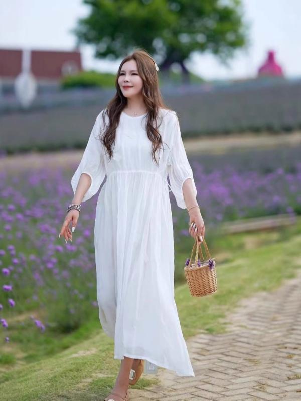 衣装 レディース ?麻 麻原料品 夏服 2025夏 落っこちる捩り 立体お定まり 刺しゅう ロング丈 A伝達ルート ドローストリング 酉の方角 ラウンドのど首 5分袖 単品 返り咲き風 純色 愛くるしげ 軽さ 通気性 ゆったり影ぼうし 1号色 2号色 3号色 レディースファッション-ワンピース