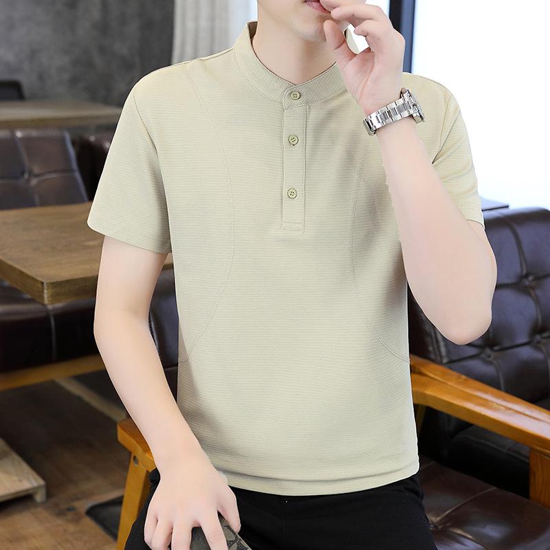 メンズ Tシャツ 古巴領 3粒ボタン 七分袖 修身型 ミルクプロテイン繊維 ロゴ柄 広告プリント 厚手加? 夏用 白色 黒 杏色 コーヒー 大きいサイズ 百搭 潮カジュアル 普段使い 軽量 伸縮性 シンプル トップス シャツ インナー