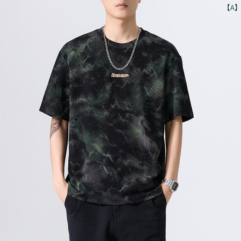 メンズ Tシャツ 短袖 トップス 薄手 ゆったり 半袖 涼感 破れ風 綿混紡 吸湿速乾 プリント 文字柄 ラウンドネック セットアップなし 夏用 黒 白 青年向け 休? ファッション 都市スタイル メンズカジュアルウェア 軽量 伸縮性 日常使い 通勤 部