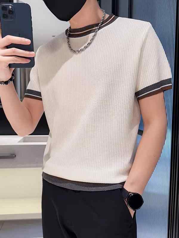Tシャツ メンズ 短袖 接触冷感 切り替え ニット 薄手 痞? 高級感 上衣 黒 紺 白 灰 円領 ゆったり 幾何学柄 プリント ポリエステル 100% 軽量 吸湿速乾 抗シワ 加工 夏 春夏 秋冬 ウィンター 日常 スポーツ ファッション トップス シ