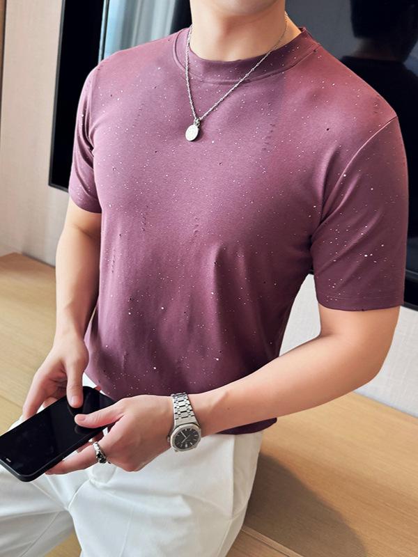 メンズ Tシャツ 短袖 丸首 修身 綿混紡 ドット柄 破れ 光沢 弾力 吸汗速乾 白色 黒 紫 緑 夏 レジャー カジュアル 青春 軽量 通気性 伸縮性 普通厚 韓国風 ファッション トップス 汗衫 ポルカドット フィット スポーティー