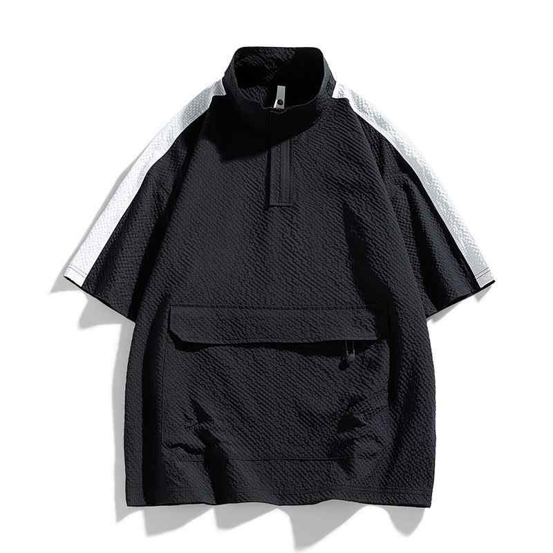メンズ Tシャツ 立襟 半袖 ゆったり 工装風 夏季 黒 軍緑 米白 純色 合体型 セットアップ 切り替え 耐磨 色牢度高 ポリエステル 化?混紡 休? カジュアル 青少年 成人 挿肩袖 五分袖 中袖 普通厚さ 2024夏