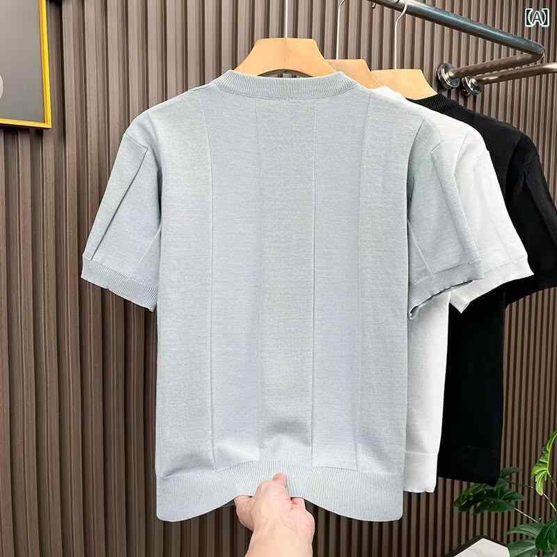 Tシャツ メンズ 短袖 ヘンリーネック ニット 切り替え 条紋 薄手 ポリエステル 合体型 セットアップ風 ピースカラー 日常 通勤 ビジネス カジュアル 春夏 秋 グレー 黒 白 青年向け 軽量 ファッション 都市スタイル