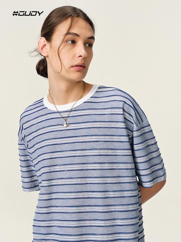 メンズ 半袖 Tシャツ 黒白 ストライプ 紺白 ストライプ ストレッチ 素材 柔らかい コットン 混 ゆったり シルエット 落ち肩 袖 丸首 セットアップ なし 夏 向け 薄手 半袖 トップス 街着 ユース カジュアル プリント 柄 クリエイティブ デザ