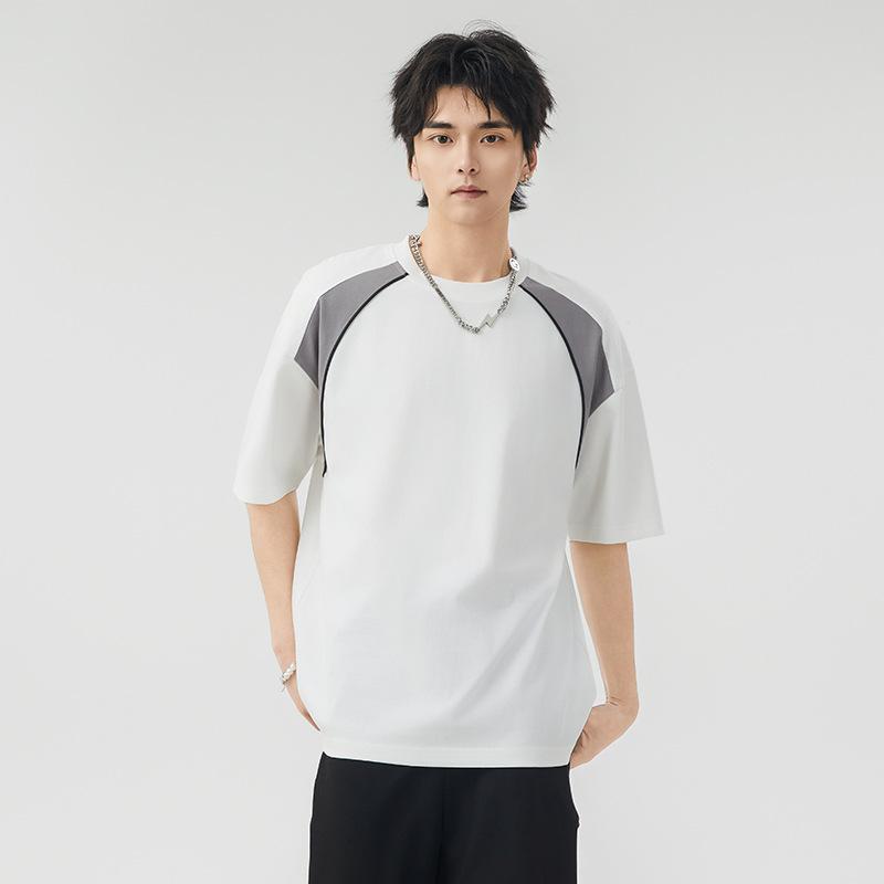 メンズ Tシャツ 半袖 短袖 トップス 綿素材 切り替え デザイン 丸首 ゆったり シルエット 夏用 白色 黒 白黒 組み合わせ 休? スタイル 運動 ベースレイヤー ティーン 向け 復古 アメリカン 風 ファッション シーン