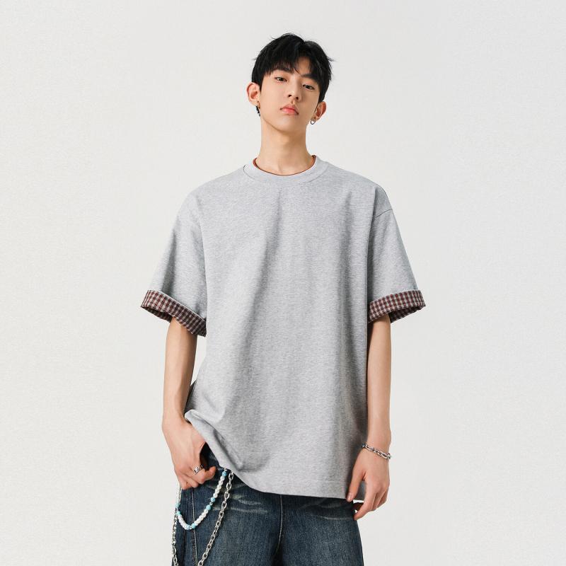 メンズ 短袖Tシャツ 格子柄 翻り襟 デザイン ダブルレイヤー 切り替え 丸首 綿混紡 透気性 ゆったりシルエット 夏用 日常着 グレー 黒