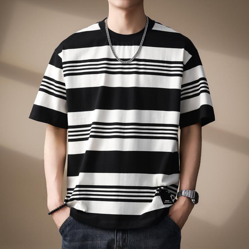 メンズ Tシャツ 短袖 半袖 条紋柄 切り替え 丸首 落肩袖 ゆったり 大きいサイズ 綿混 ポリエステル 混紡 透気性 立体裁剪 免?加工 海魂柄 黒 コーヒー 色 夏 日常使い ストリート カジュアル 青年向け