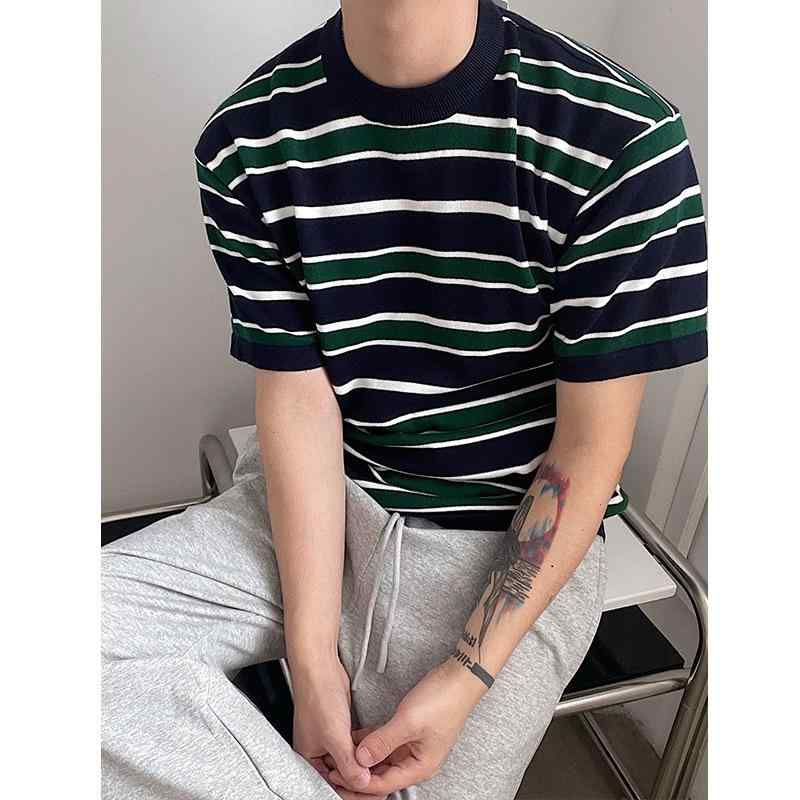 メンズ Tシャツ 短袖 ニット ストライプ 韓国風 レトロ デザイン ゆったり トップス 薄手 接触冷感 ピュアコット風 日常 デイリー 宝藍 色 白 色 グレー 色 夏 春夏 青少年 男 潮 スタイル インスピレーション 風 休閑 ワイド ルーズ 感
