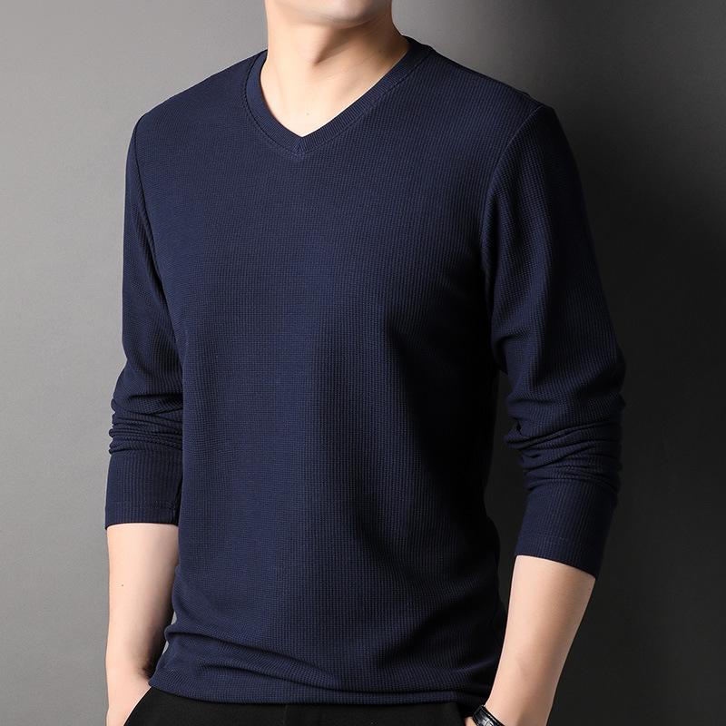 メンズ Tシャツ Vネック 長袖 ワッフル柄 純色 桑蚕シルク 混紡 ポリエステル コットン 合体型 セットアップ 無帽 普通厚 春秋 シンプル ユース 青年 ファッション 都市 24-35歳 セットアップ ミシン明線 幾何学柄 ノーアイロン 紺 ライト