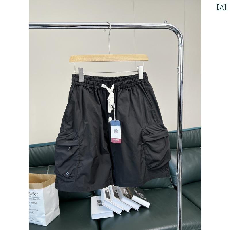 メンズ ショーツ 夏季 機能性 アウトドア 登山 格子柄 テクスチャー 大きいサイズ 松腰 ゆったり ミリタリー 多ポケット ニット ナイロン 100% 黒 茶 微弾力 軽量 動きやすい 普段使い キャンプ