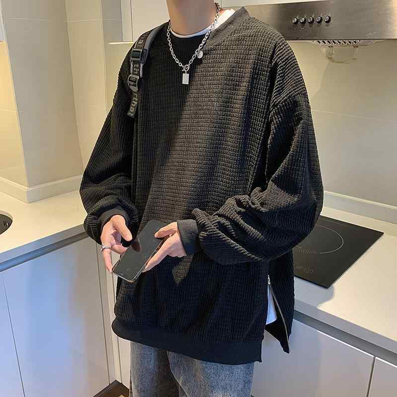 メンズ フーディ ワッフル柄 開・楷 ロングスリーブ トップス 秋冬 黒 グレー ルーズフィット トレンド ストリートスタイル ゆったりシルエット 暖か素材 レイヤード 普段使い カジュアル ティーン向け 伸縮性 快適 コットン混 厚手 ポケット付き