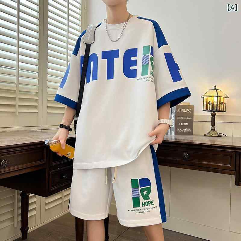 メンズ 半袖Tシャツ セット ワッフル 柄 薄手 コットン混紡 ポリエステル 100% 通気性 夏用 学生服 日常 カジュアル 青少年向け 白 黒 緑 ミックスカラー 爽やか スタイリッシュ ファッション トップス ショートパンツ 組み合わせ