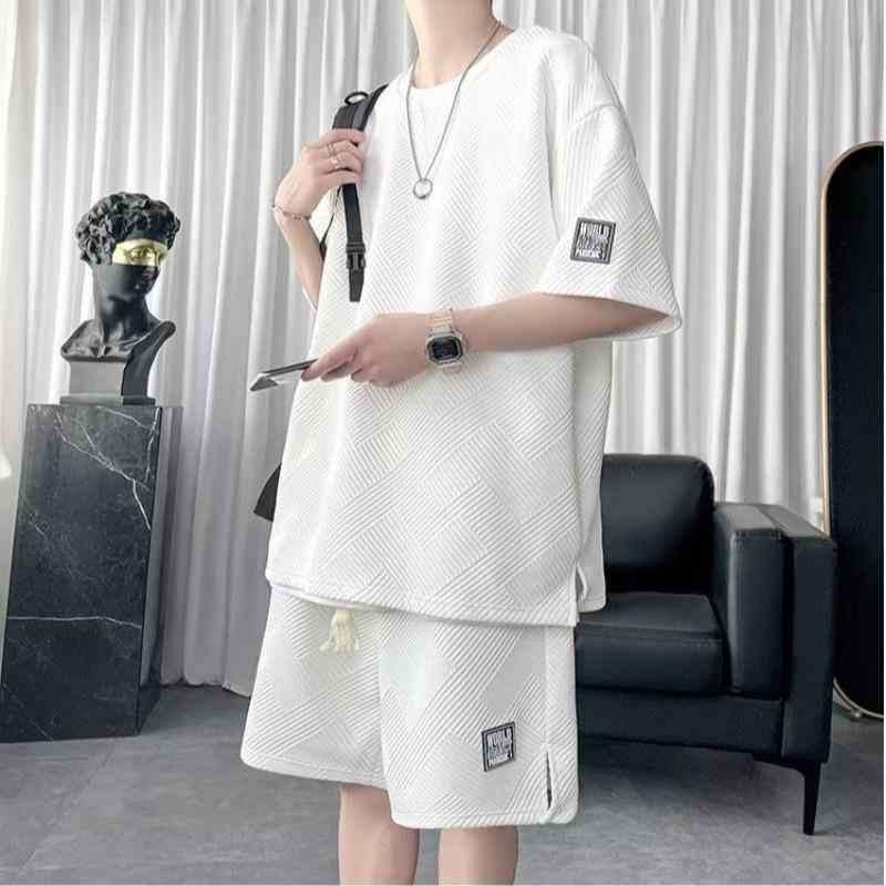 メンズ 短袖 Tシャツ 短パン セット 港風 ワイドシルエット 涼しい 化繊混紡 ポリエステル95% 白 灰 黒 夏 青春流行 18-24歳 薄手 5分袖 ノーカラー ノーハット ユニセックス 休? カジュアル 日常使い アウトドア 軽量 通気性 速乾