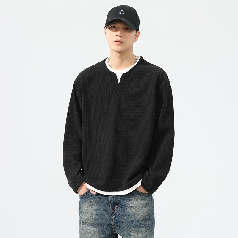 メンズ Tシャツ 長袖 偽ツーピース ワッフル格子 Vネック スウェット トップス 男用 復古風 軽熟風 美式風 日式風 綿混紡 ストリップ柄 幾何模様 ルーズフィット セットアップ風 ポケット 防皺加工 厚手 秋季 黒 コーヒー 杏色 成人 青少年 1
