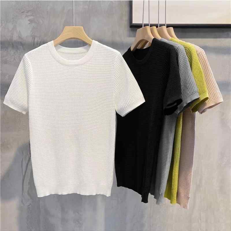 メンズ Tシャツ 短袖 ワッフル 編み トップス 修身 純色 半袖 上衣 ラウンドネック ノーカラー コットン混紡 粘液繊維 抗菌 加工 提花 普通厚 白色 黒 緑 グレー ・柑其 カーキ 春夏 秋 シーズン 青少年 成人 男性用 日常 休? スタイル 軽