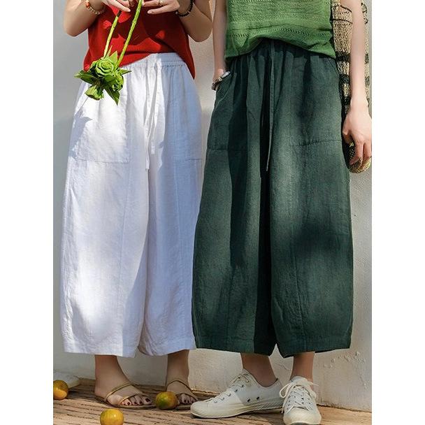レディース 麻 八分丈 ローブパンツ くつろぎ スタイル シンプル 汎用 ゆったり シルエット 涼しい 白 墨緑 薄手 無弾性 砂洗い加工 ロング丈 ワイド 腰 夏 2025｜リメイクバディー