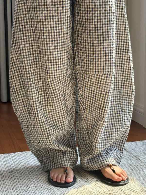 レディース ワイドパンツ 亜麻 綿 素材 黒白格子 カラフル格子 柄 ハイウエスト 弧形 切り替え 軽薄 透気 長丈 緩いシルエット 夏 春夏 日系 韓国風 日常使い デイリー ルーズフィット 涼しい 快適 通気性 良い ゆったり 履き心地|リメイクバディー