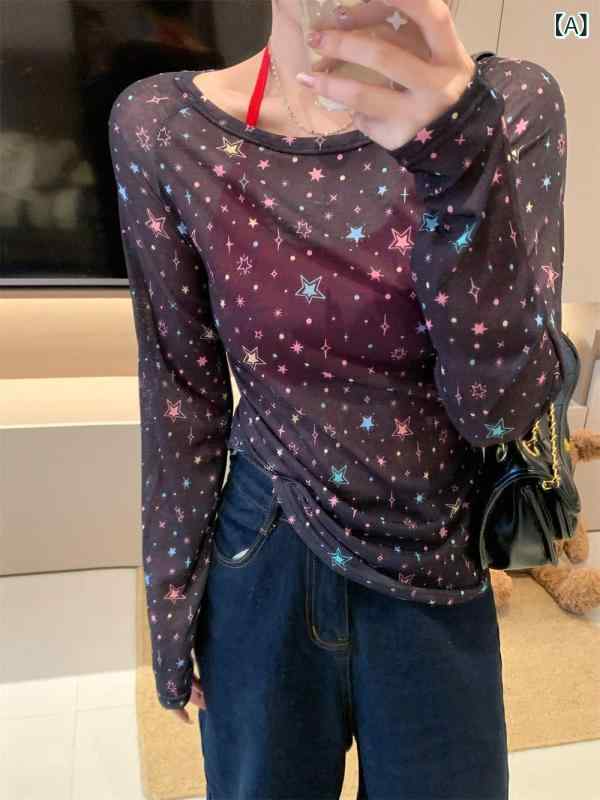 レディース トップス 長袖 星柄 一本肩 透け感 肌付き プルオーバー 春夏 黒 白 杏 青み サクラ色 ?? ポリエステル スパンデックス 混紡 冷やりとした 薄っぺら 修身 愛想のいい 風 日常 花の冠yd 日韓 心地好い 表現スタイル