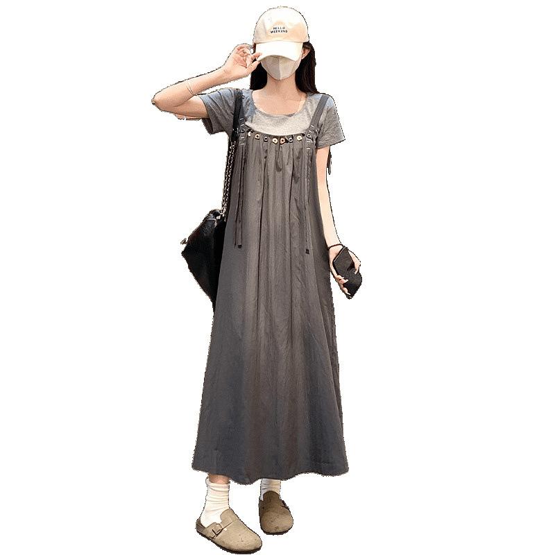 衣装 成人女性用 夏 背? 吊? 連衣裙 仕掛ける 2点 仕掛ける ゆったり 伸び伸びする 馬鹿でかい大きさ 中長丈 丸首 短袖 ゆったり腰 街頭 表現スタイル ポリエステル 薄墨色 冷やりとした 面料 立体 かざり付ける 表どおり 流行り物 ゆったり 影ぼうし 日常 着